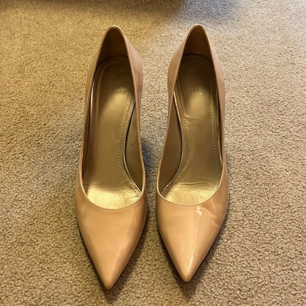 Stuart Weitzman nude patent pointed toe pumps